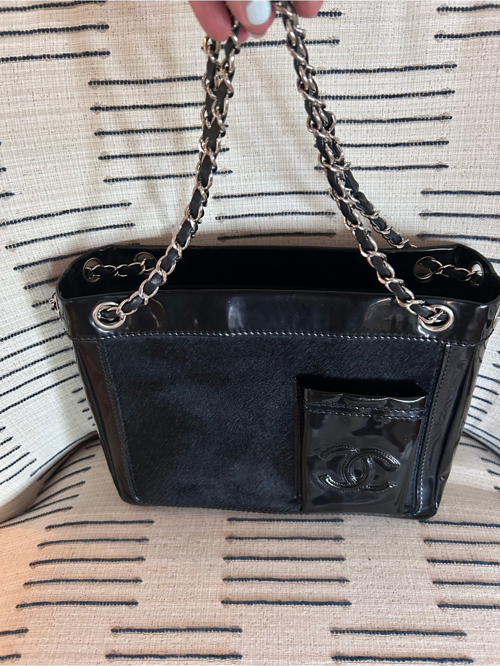 Chanel Black Patent & Pony Hair Vintage Chain-Handle Tote
